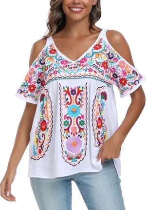 YZXDORWJ Women's Mexican Tops Cold Shoulder V Neck Sexy Blouse Short Sleeve Shirts Embroidered Floral Tunic
