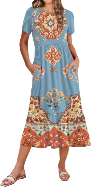 Zeagoo Women Summer Midi A Line Dress Short Sleeve Casual Flowy Tiered Beach Long Sundress with Pockets 2025 Vacation Travel
