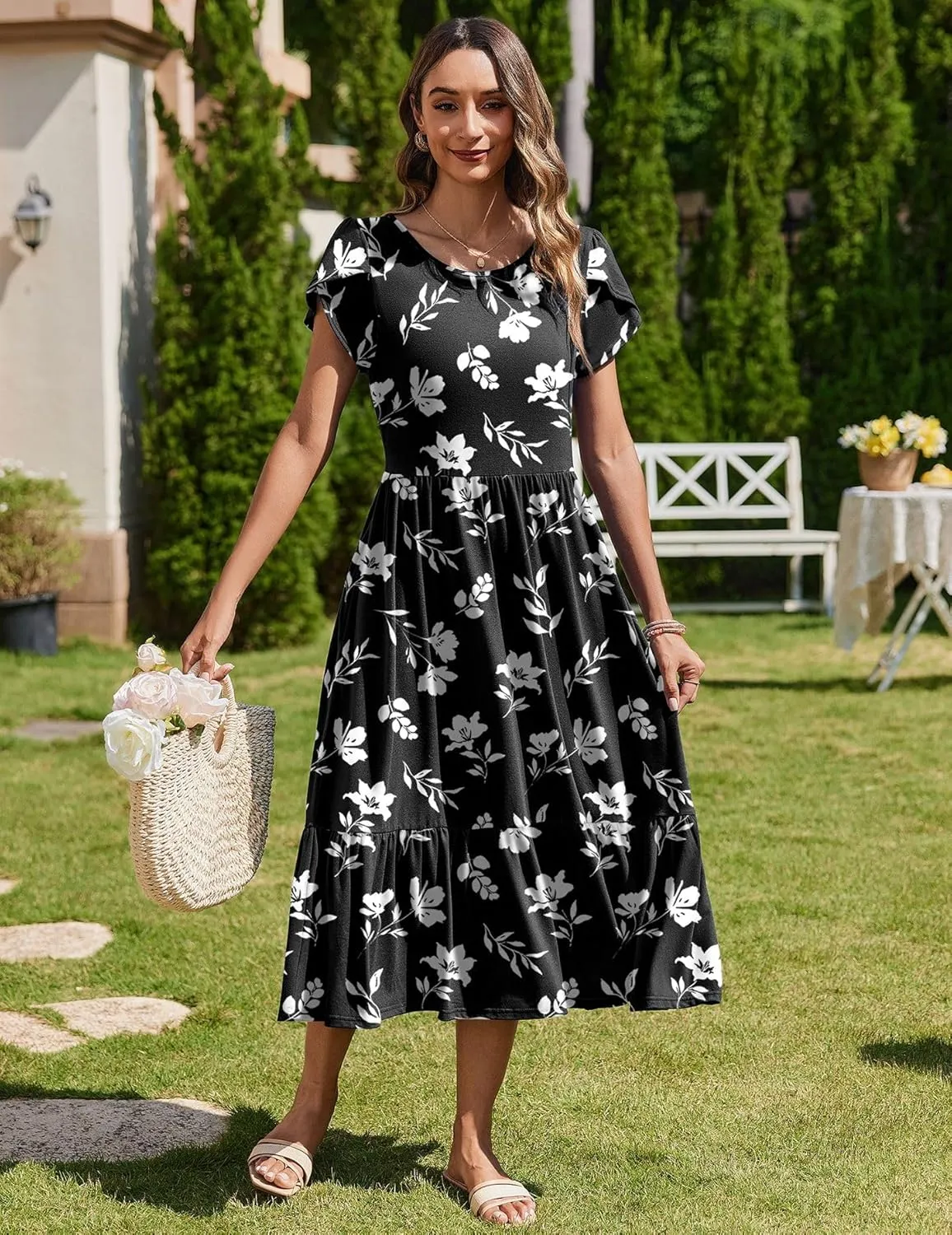 Zeagoo Women Summer Midi A Line Dress Short Sleeve Casual Flowy Tiered Beach Long Sundress with Pockets 2025 Vacation Travel