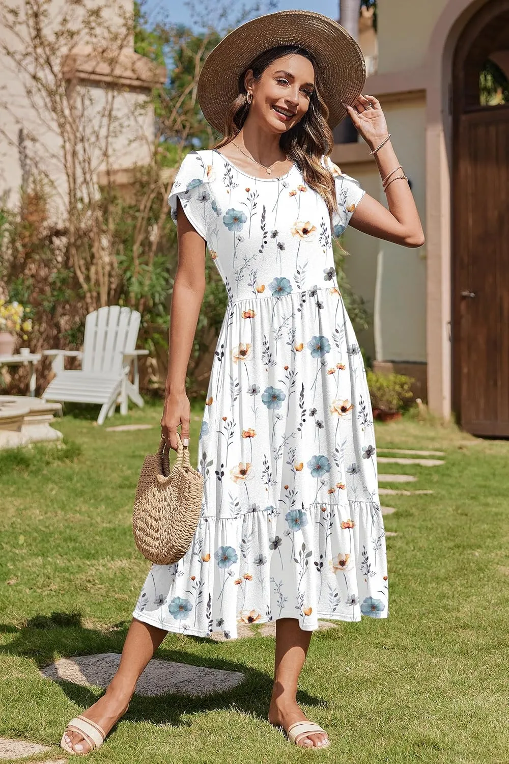 Zeagoo Women Summer Midi A Line Dress Short Sleeve Casual Flowy Tiered Beach Long Sundress with Pockets 2025 Vacation Travel