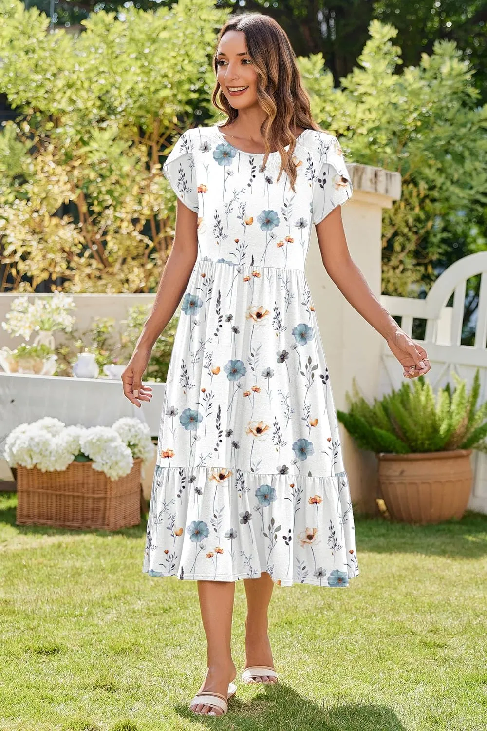 Zeagoo Women Summer Midi A Line Dress Short Sleeve Casual Flowy Tiered Beach Long Sundress with Pockets 2025 Vacation Travel