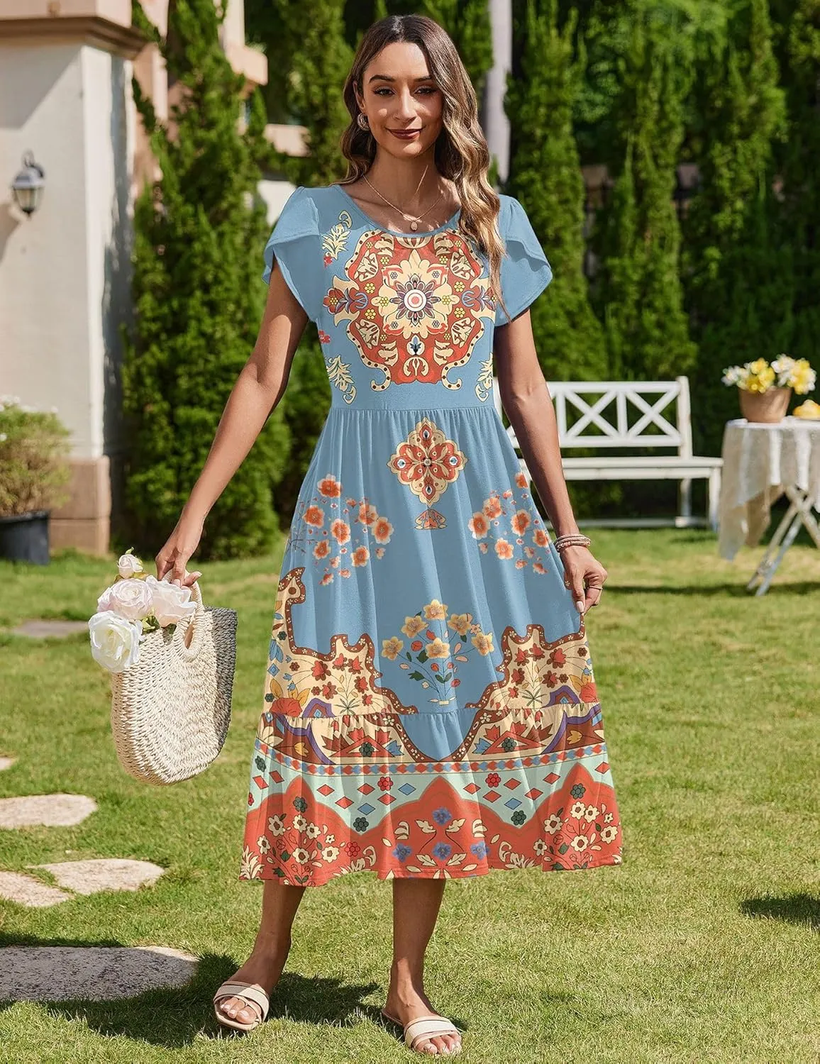 Zeagoo Women Summer Midi A Line Dress Short Sleeve Casual Flowy Tiered Beach Long Sundress with Pockets 2025 Vacation Travel