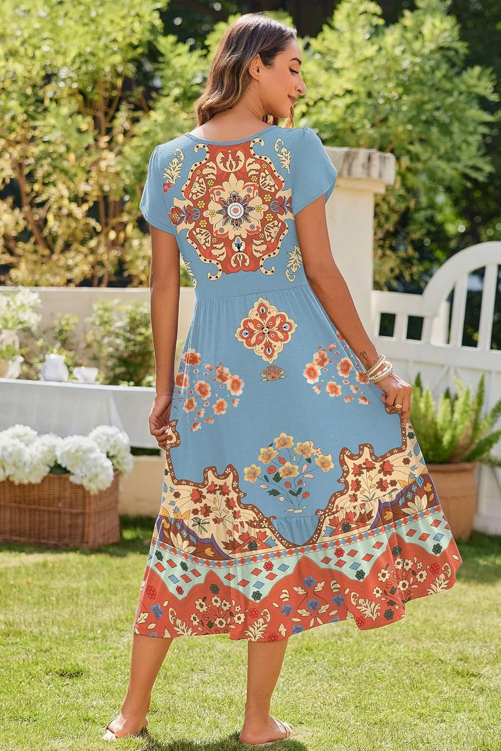 Zeagoo Women Summer Midi A Line Dress Short Sleeve Casual Flowy Tiered Beach Long Sundress with Pockets 2025 Vacation Travel