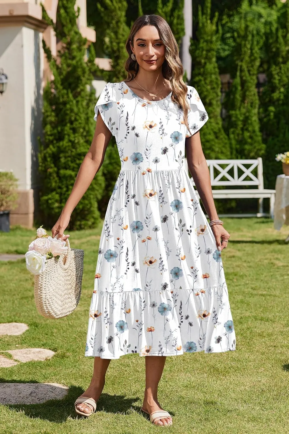 Zeagoo Women Summer Midi A Line Dress Short Sleeve Casual Flowy Tiered Beach Long Sundress with Pockets 2025 Vacation Travel