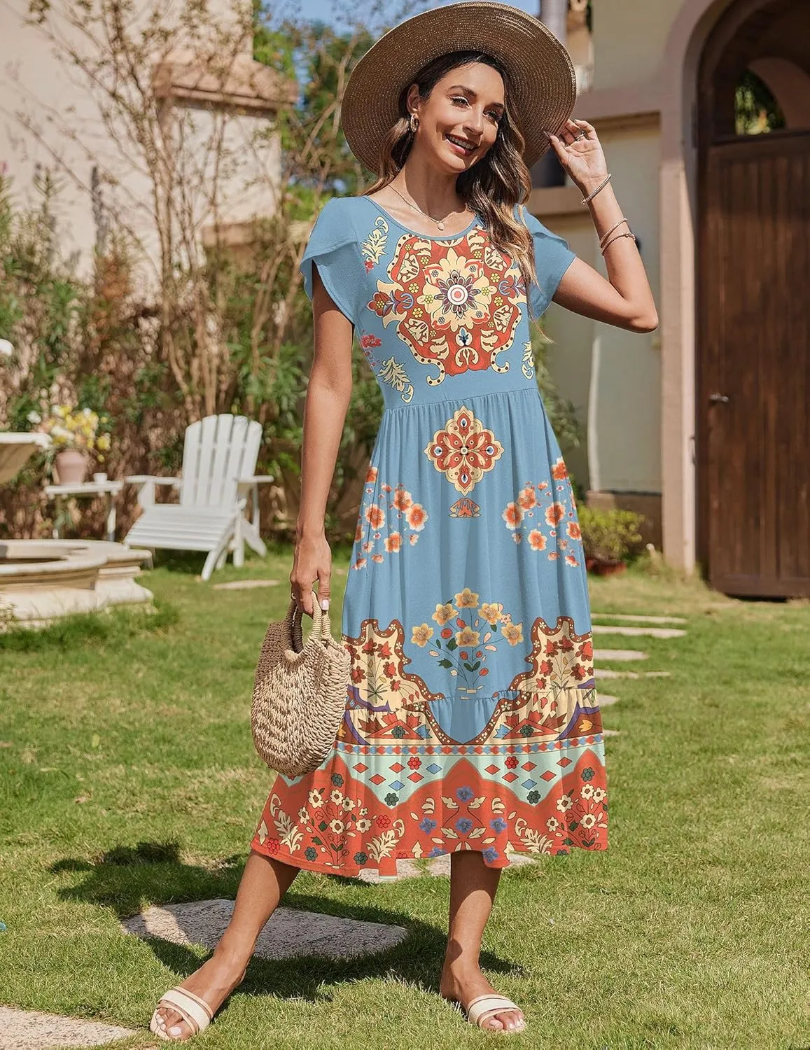 Zeagoo Women Summer Midi A Line Dress Short Sleeve Casual Flowy Tiered Beach Long Sundress with Pockets 2025 Vacation Travel
