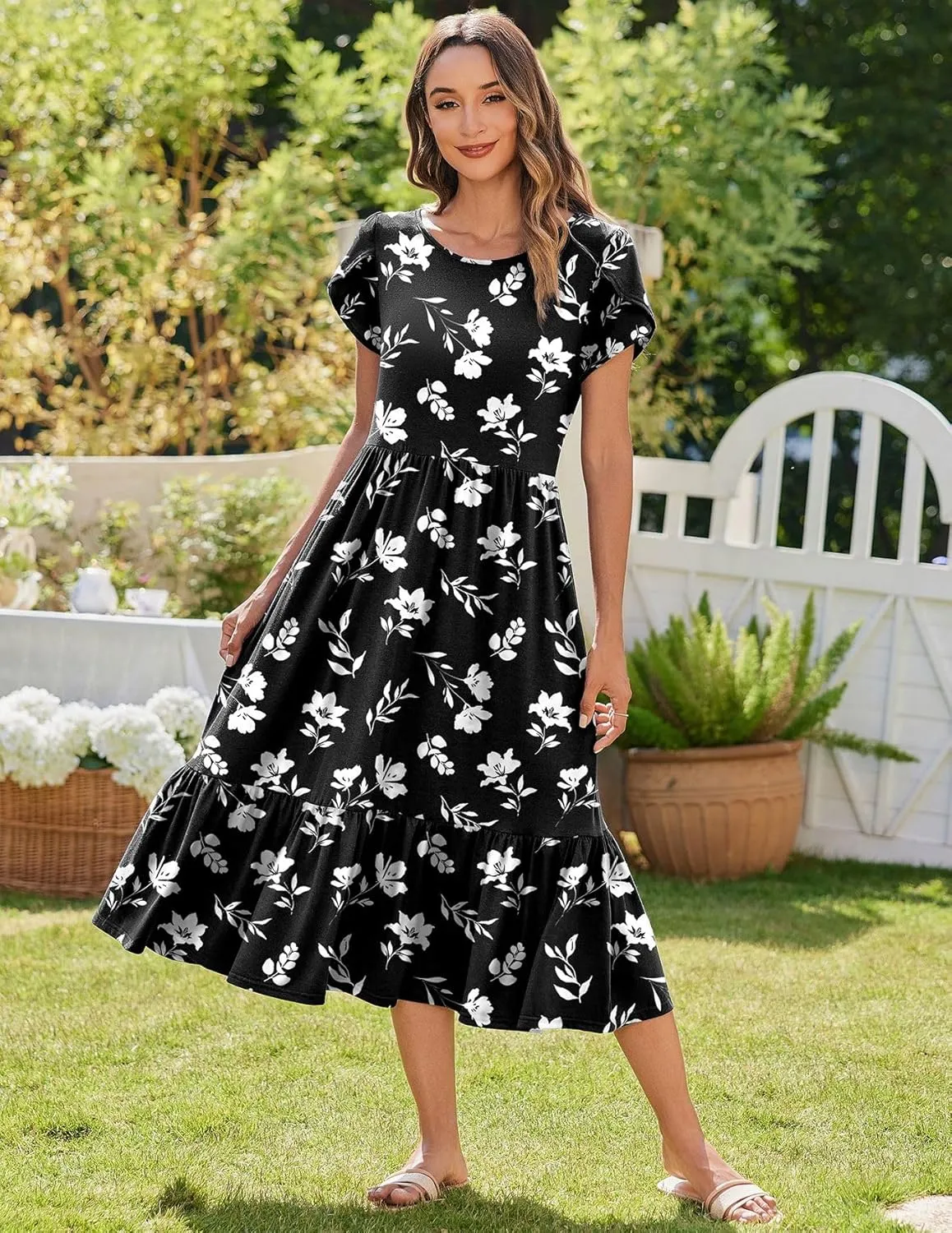 Zeagoo Women Summer Midi A Line Dress Short Sleeve Casual Flowy Tiered Beach Long Sundress with Pockets 2025 Vacation Travel