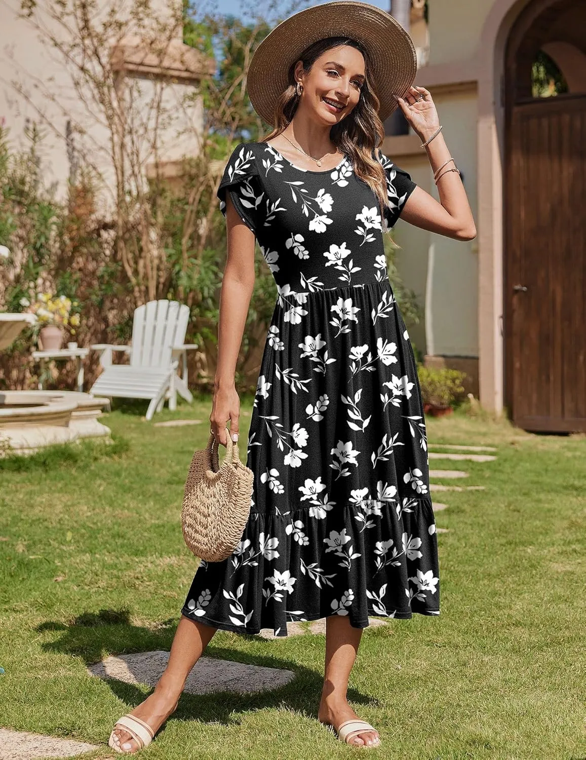 Zeagoo Women Summer Midi A Line Dress Short Sleeve Casual Flowy Tiered Beach Long Sundress with Pockets 2025 Vacation Travel