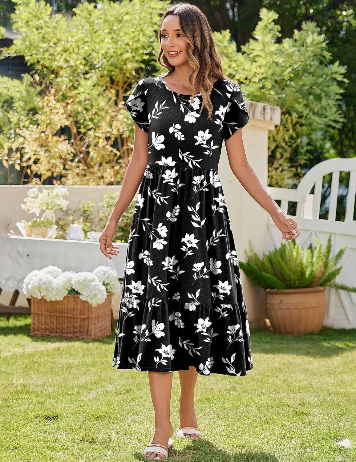 Zeagoo Women Summer Midi A Line Dress Short Sleeve Casual Flowy Tiered Beach Long Sundress with Pockets 2025 Vacation Travel