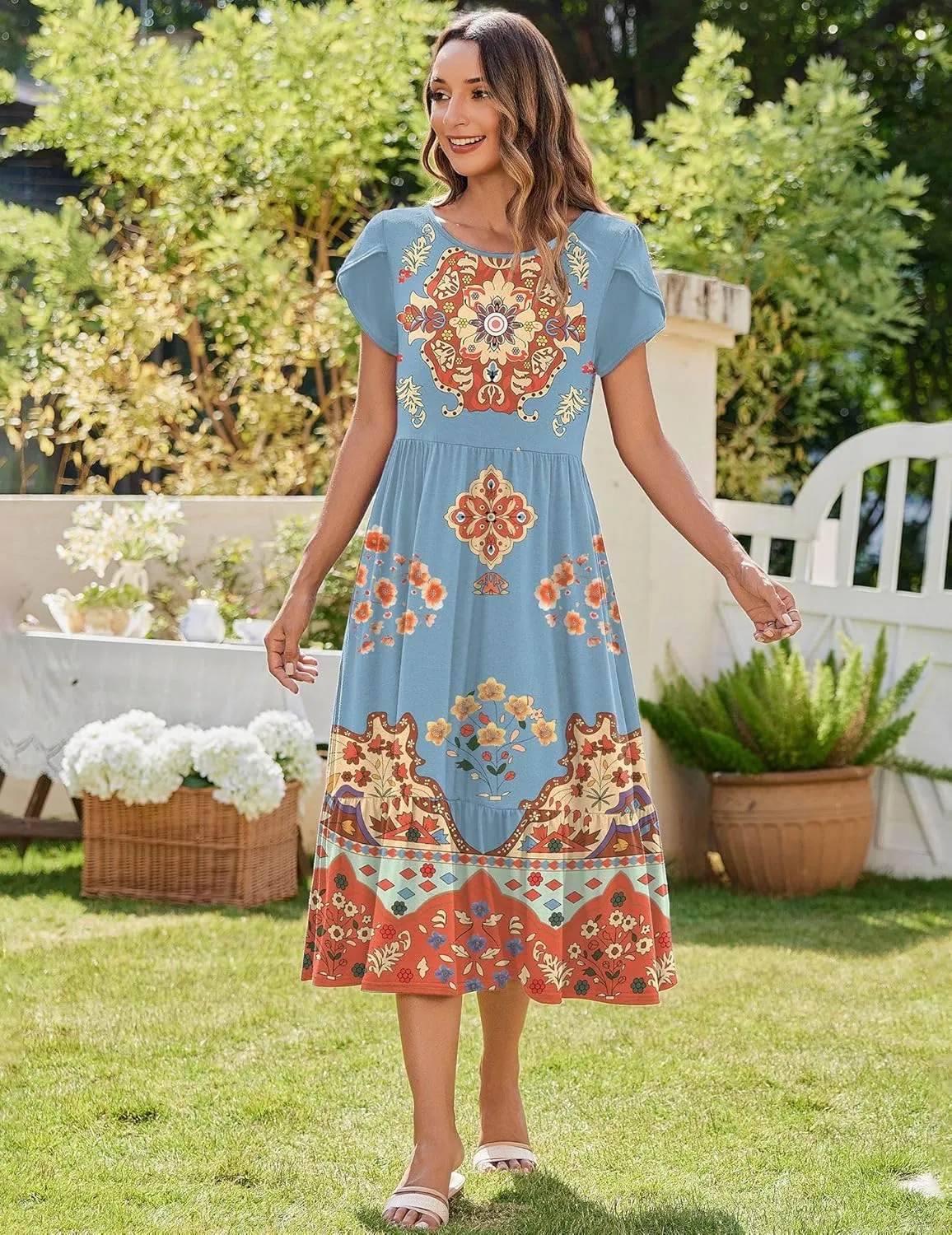Zeagoo Women Summer Midi A Line Dress Short Sleeve Casual Flowy Tiered Beach Long Sundress with Pockets 2025 Vacation Travel