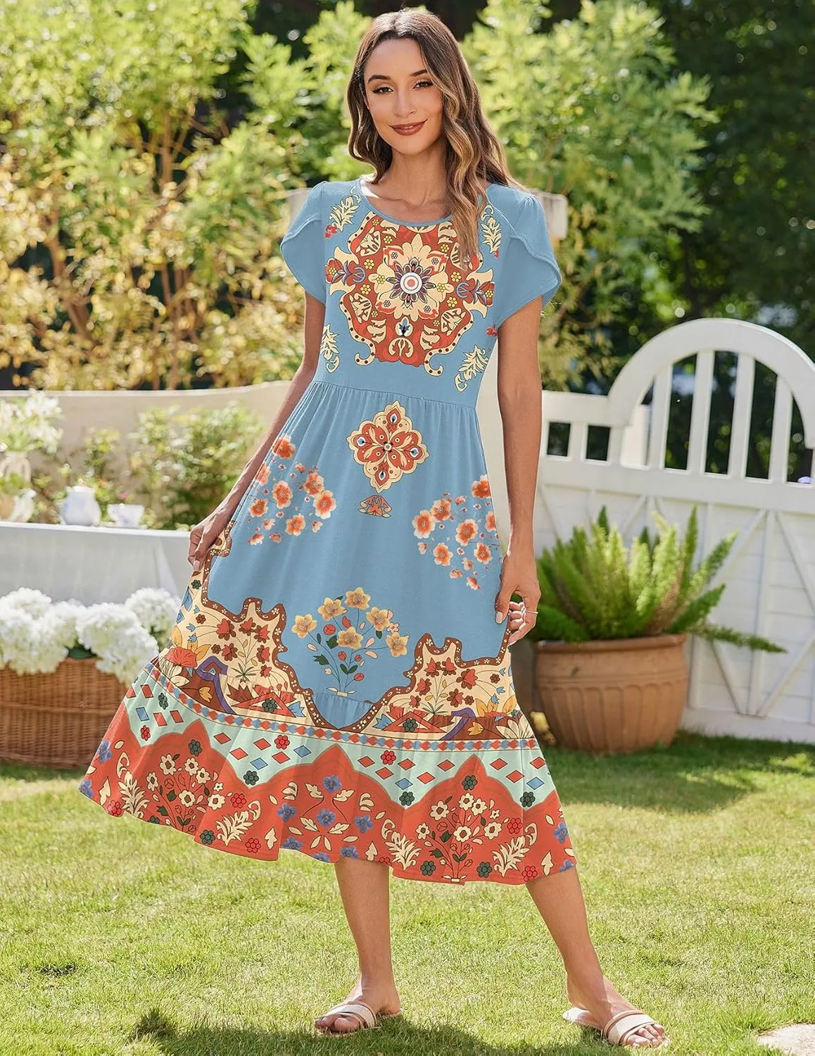 Zeagoo Women Summer Midi A Line Dress Short Sleeve Casual Flowy Tiered Beach Long Sundress with Pockets 2025 Vacation Travel