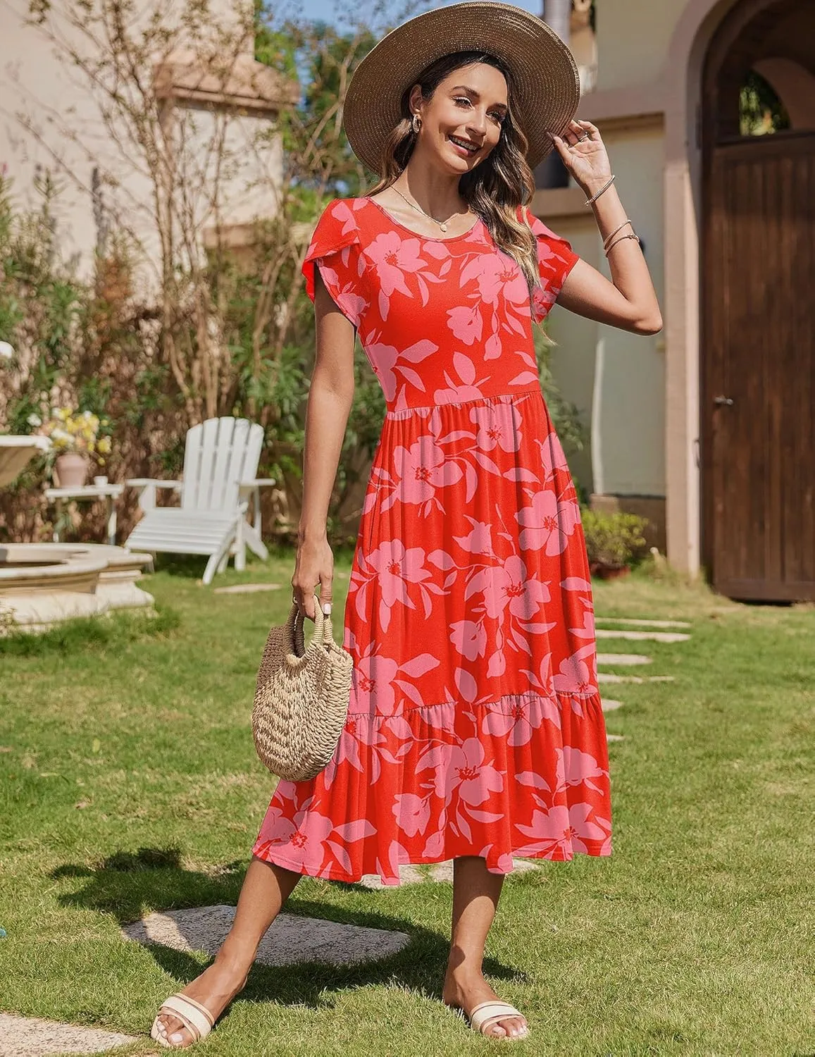Zeagoo Women Summer Midi A Line Dress Short Sleeve Casual Flowy Tiered Beach Long Sundress with Pockets 2025 Vacation Travel