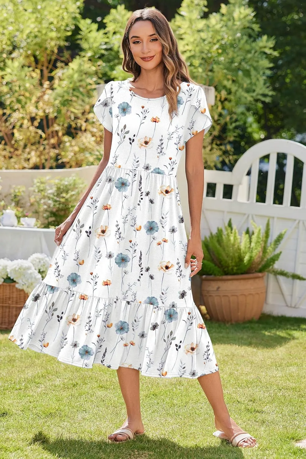 Zeagoo Women Summer Midi A Line Dress Short Sleeve Casual Flowy Tiered Beach Long Sundress with Pockets 2025 Vacation Travel