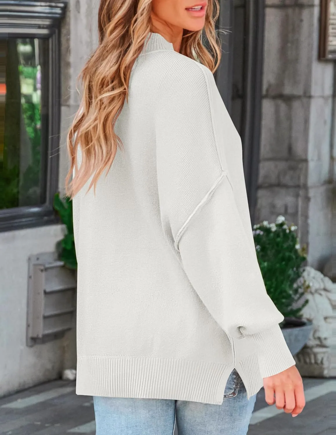 ZESICA Women's Fall Casual Long Sleeve Crew Neck Side Slit Oversized Ribbed Knit Pullover Sweater Tops