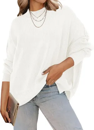 ZESICA Women's Fall Casual Long Sleeve Crew Neck Side Slit Oversized Ribbed Knit Pullover Sweater Tops