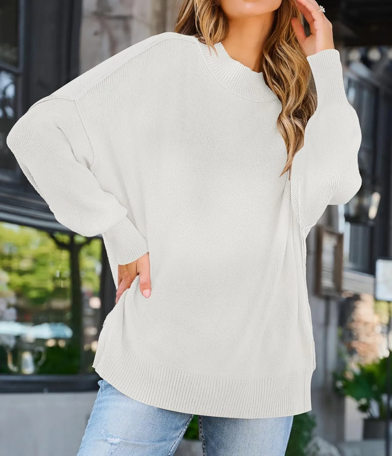 ZESICA Women's Fall Casual Long Sleeve Crew Neck Side Slit Oversized Ribbed Knit Pullover Sweater Tops