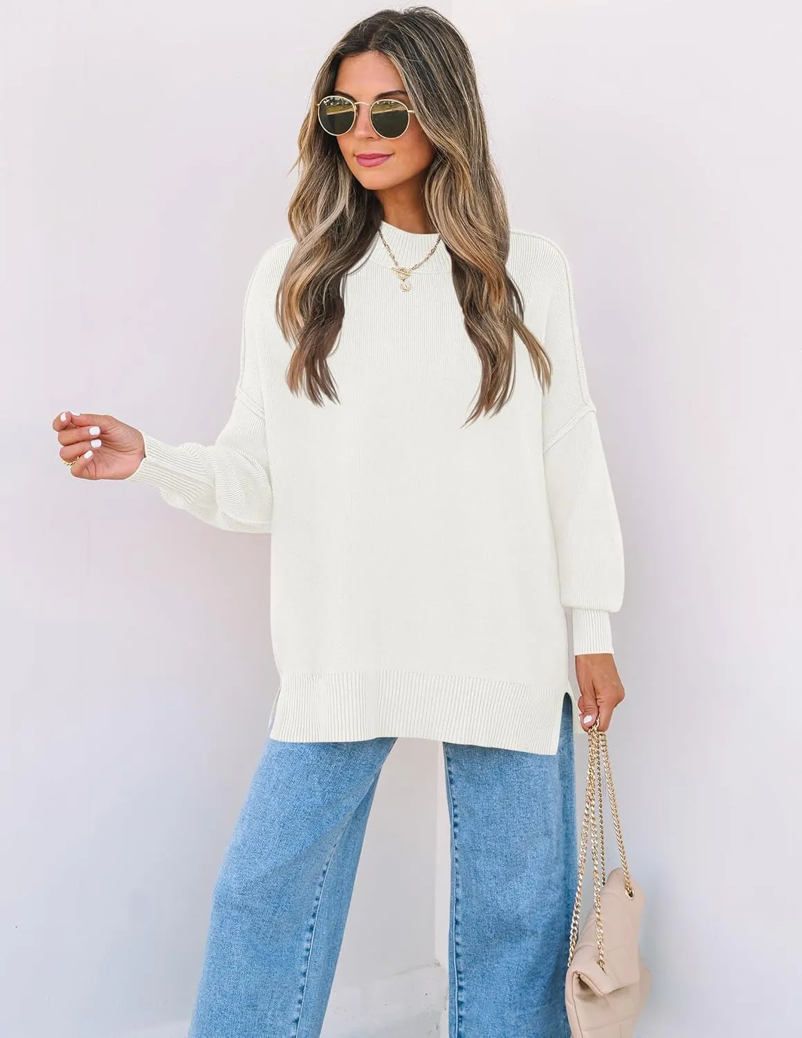 ZESICA Women's Fall Casual Long Sleeve Crew Neck Side Slit Oversized Ribbed Knit Pullover Sweater Tops