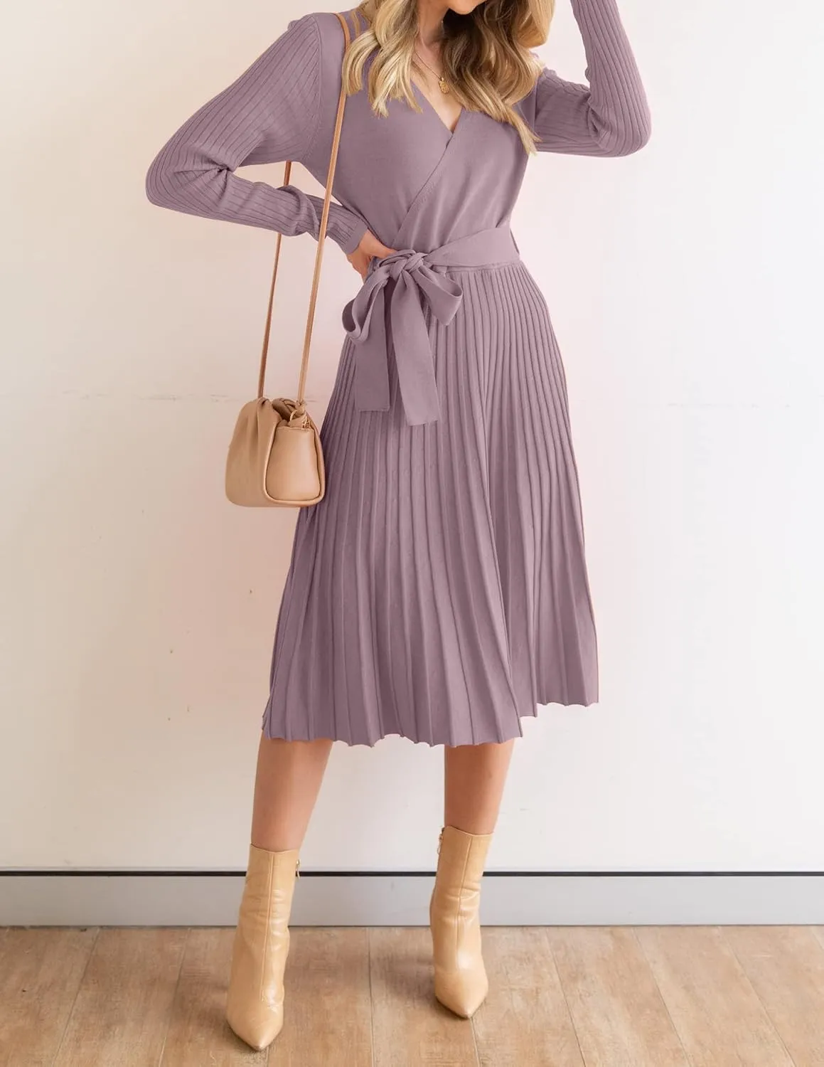 ZESICA Women's Fall Long Sleeve Wrap V Neck Ribbed Knit Pleated A Line Pullover Sweater Dress with Belt