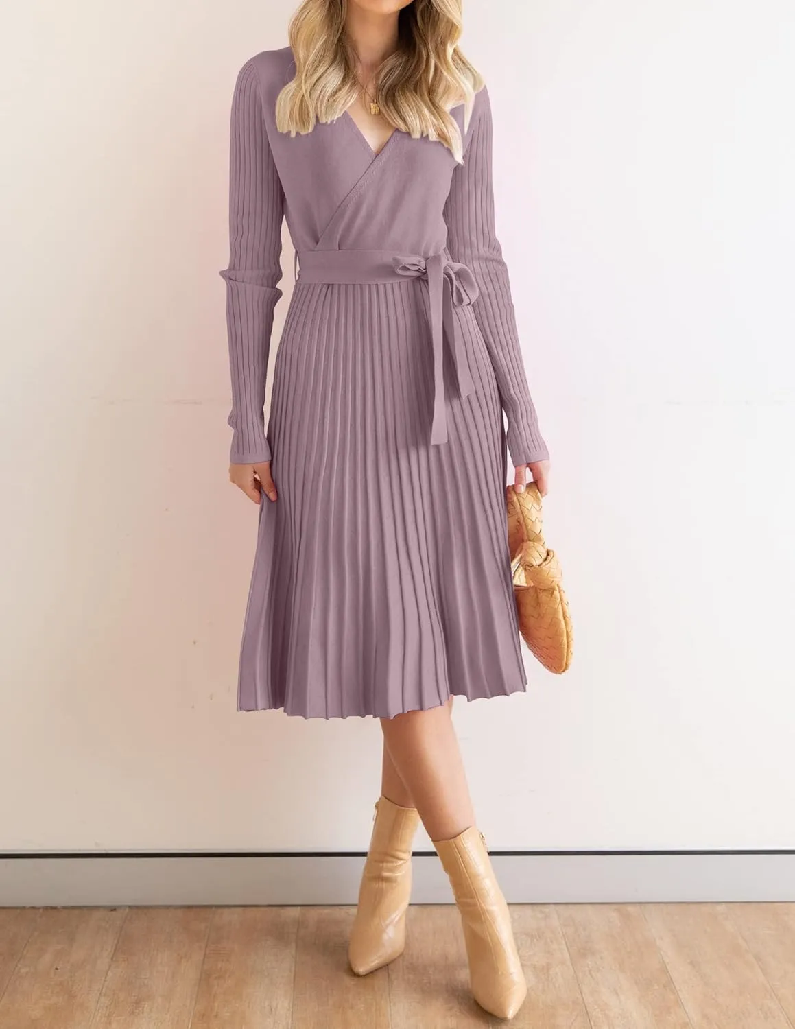ZESICA Women's Fall Long Sleeve Wrap V Neck Ribbed Knit Pleated A Line Pullover Sweater Dress with Belt