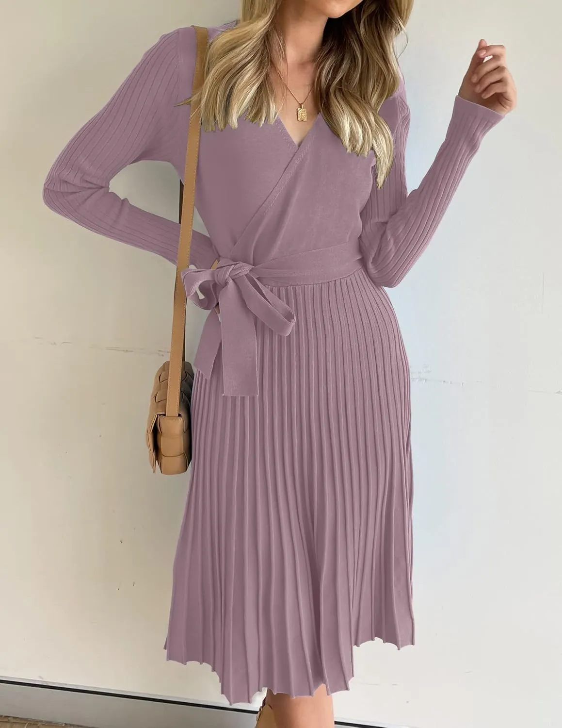 ZESICA Women's Fall Long Sleeve Wrap V Neck Ribbed Knit Pleated A Line Pullover Sweater Dress with Belt