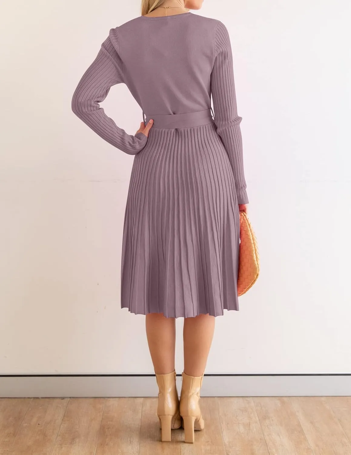ZESICA Women's Fall Long Sleeve Wrap V Neck Ribbed Knit Pleated A Line Pullover Sweater Dress with Belt