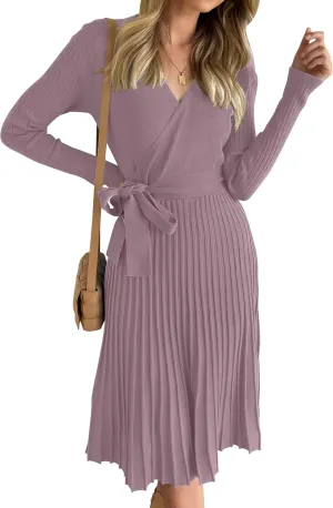 ZESICA Women's Fall Long Sleeve Wrap V Neck Ribbed Knit Pleated A Line Pullover Sweater Dress with Belt