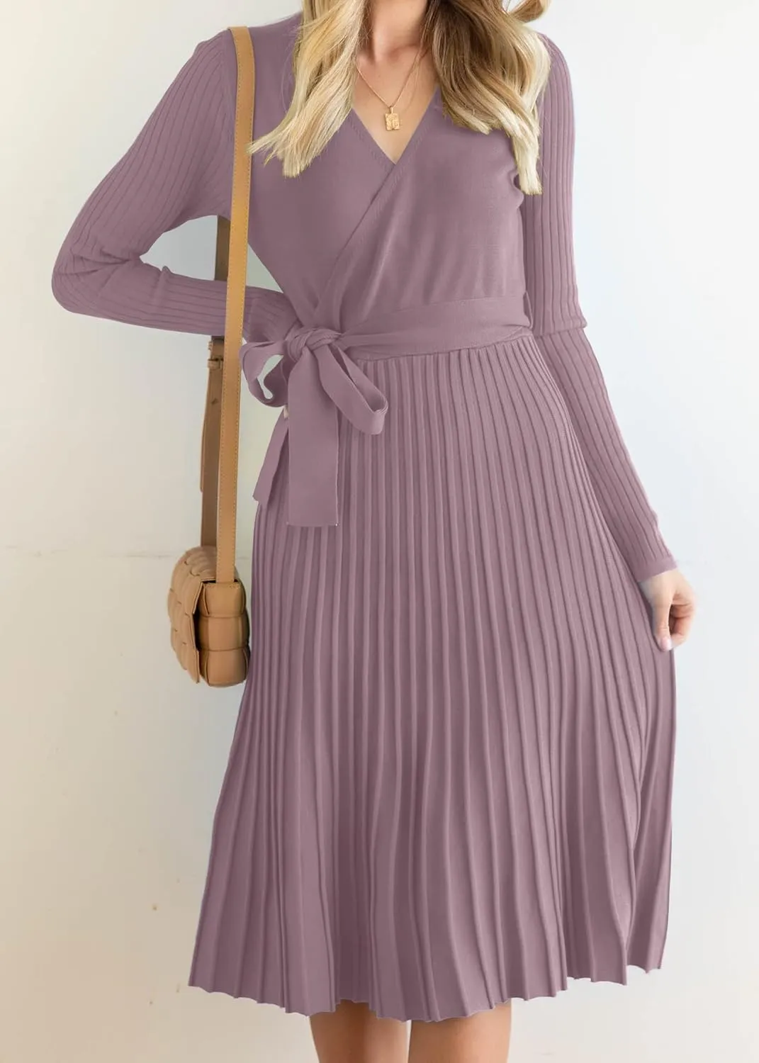 ZESICA Women's Fall Long Sleeve Wrap V Neck Ribbed Knit Pleated A Line Pullover Sweater Dress with Belt